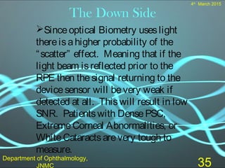 The Down Side
Sinceoptical Biometry useslight
thereisahigher probability of the
“scatter” effect. Meaning that if the
light beam isreflected prior to the
RPE then thesignal returning to the
devicesensor will bevery weak if
detected at all. Thiswill result in low
SNR. Patientswith DensePSC,
ExtremeCorneal Abnormalities, or
WhiteCataractsarevery tough to
measure.
35
4th
March 2015
Department of Ophthalmology,
JNMC
 