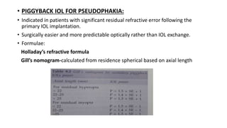 • PIGGYBACK IOL FOR PSEUDOPHAKIA:
• Indicated in patients with significant residual refractive error following the
primary IOL implantation.
• Surgically easier and more predictable optically rather than IOL exchange.
• Formulae:
Holladay’s refractive formula
Gill’s nomogram-calculated from residence spherical based on axial length
 