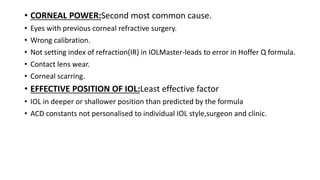 • CORNEAL POWER:Second most common cause.
• Eyes with previous corneal refractive surgery.
• Wrong calibration.
• Not setting index of refraction(IR) in IOLMaster-leads to error in Hoffer Q formula.
• Contact lens wear.
• Corneal scarring.
• EFFECTIVE POSITION OF IOL:Least effective factor
• IOL in deeper or shallower position than predicted by the formula
• ACD constants not personalised to individual IOL style,surgeon and clinic.
 