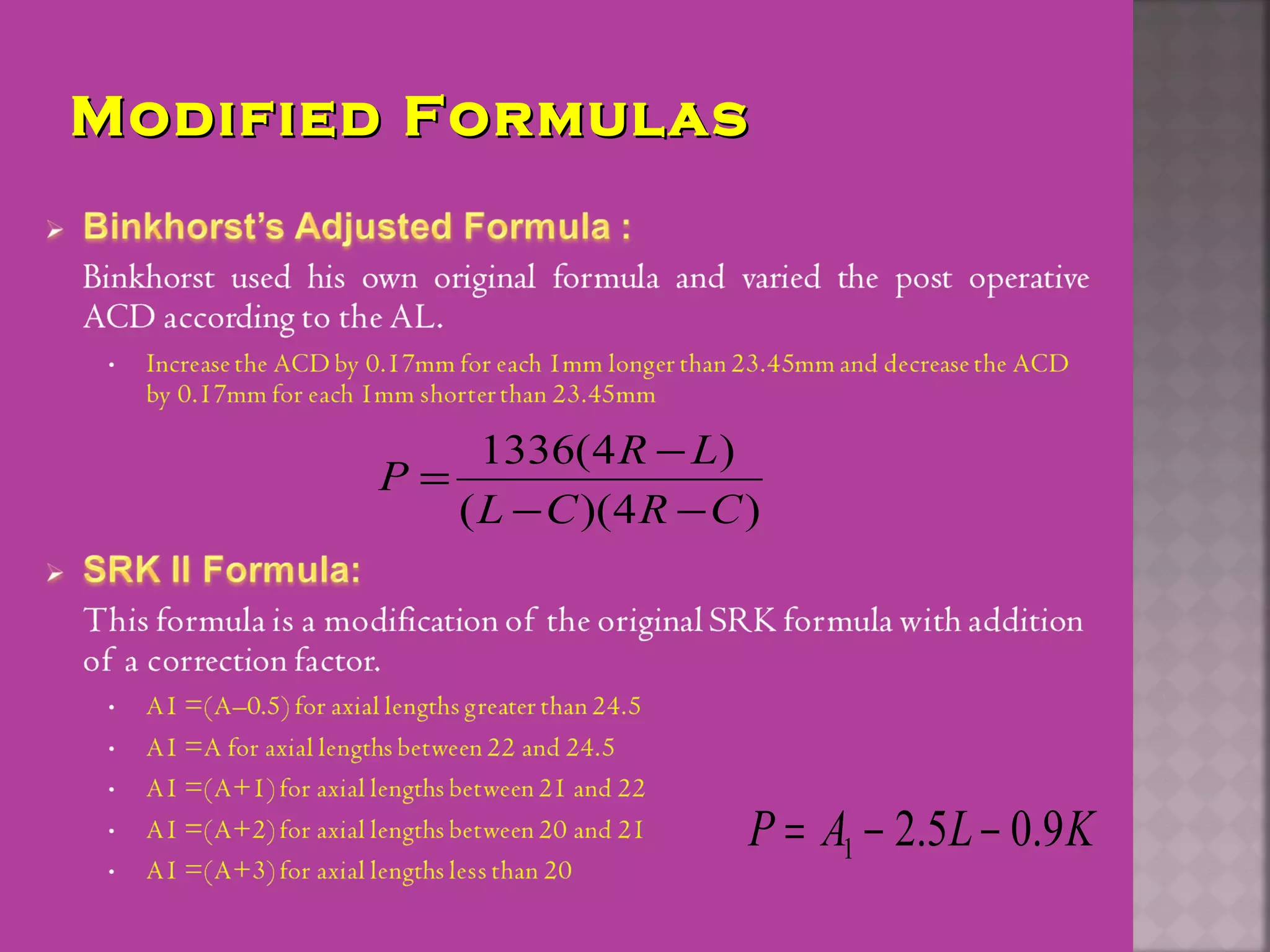 Modified FormulasModified Formulas
)4)((
)4(1336
CRCL
LR
P
−−
−
=
KLAP 9.05.21 −−=
 