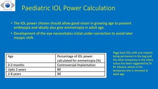 Paediatric IOL Power Calculation
• The IOL power chosen should allow good vision in growing age to prevent
amblyopia and ideally also give emmetropia in adult age.
• Development of the eye necessitates initial under-correction to avoid later
myopic shift.
Piggy back IOLs with one implant
being permanent in the bag and
the other temporary in the ciliary
sulcus has been suggested by Dr.
M. Edward, where in the
temporary one is removed at
adult age.
 
