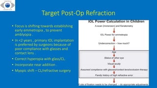 Target Post-Op Refraction
• Focus is shifting towards establishing
early emmetropia , to prevent
amblyopia .
• In <2 years , primary IOL implantation
is preferred by surgeons because of
poor compliance with glasses and
contact lens .
• Correct hyperopia with glass/CL.
• Incorporate near addition .
• Myopic shift – CL/refractive surgery
 
