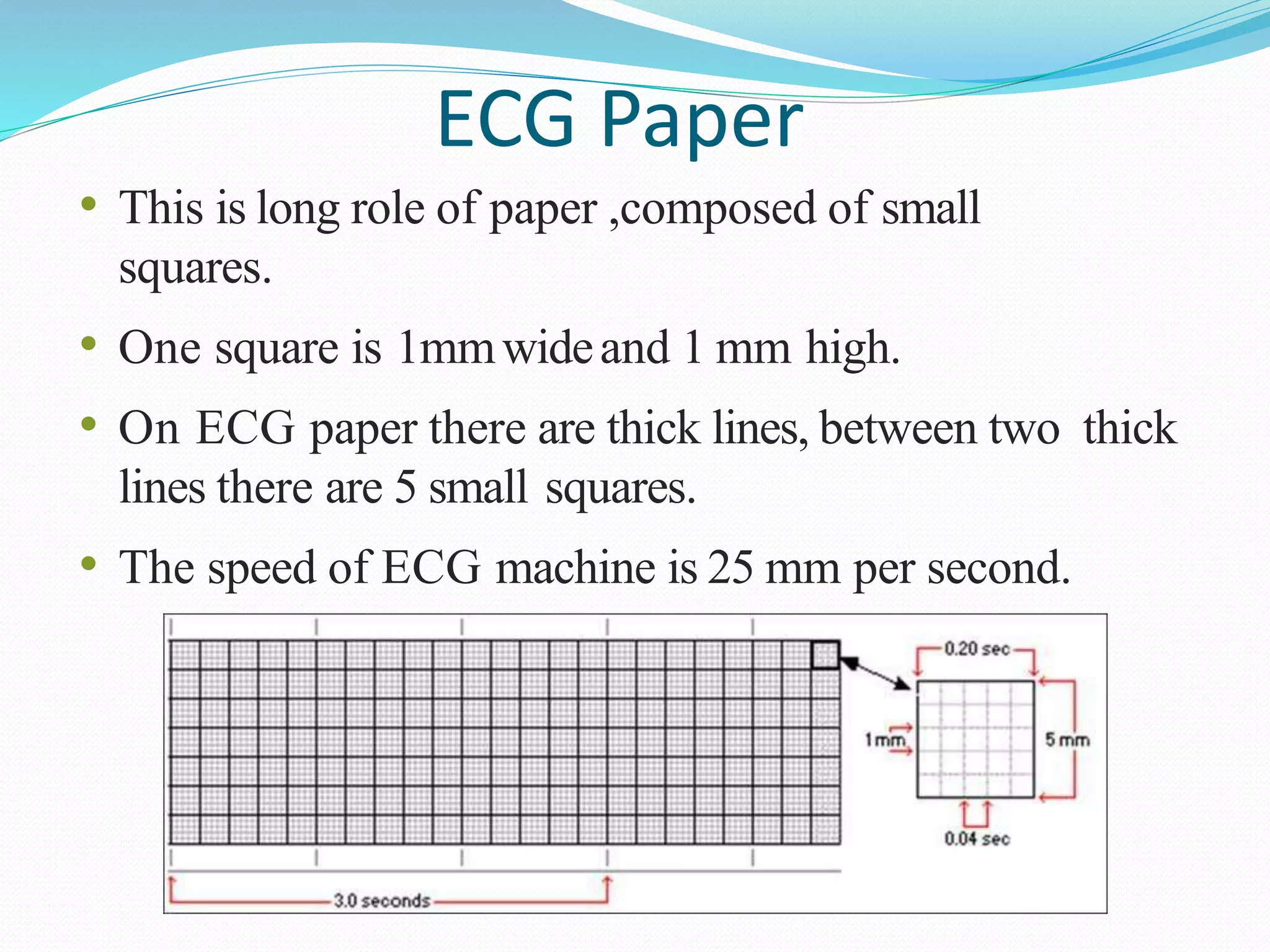 ECG Paper
• This is long role of paper ,composed of small
squares.
• One square is 1mmwideand 1 mm high.
• On ECG paper there are thick lines, between two thick
lines there are 5 small squares.
• The speed of ECG machine is 25 mm per second.
 