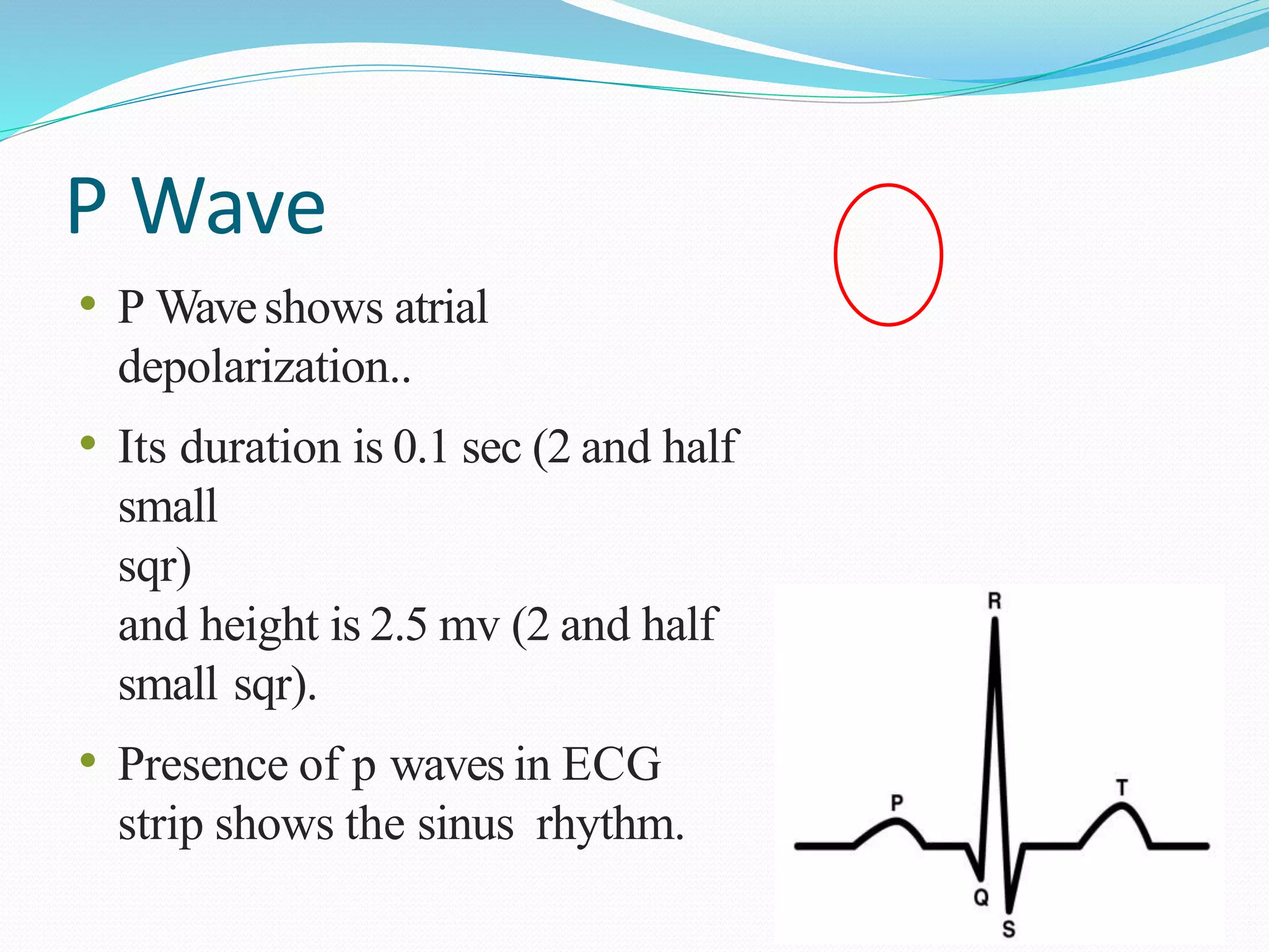 P Wave
• P Waveshows atrial
depolarization..
• Its duration is 0.1 sec (2 and half
small
sqr)
and height is 2.5 mv (2 and half
small sqr).
• Presence of p waves in ECG
strip shows the sinus rhythm.
 