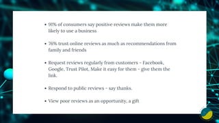 91% of consumers say positive reviews make them more
likely to use a business
76% trust online reviews as much as recommendations from
family and friends
Request reviews regularly from customers - Facebook,
Google, Trust Pilot, Make it easy for them - give them the
link.
Respond to public reviews - say thanks.
View poor reviews as an opportunity, a gift
 