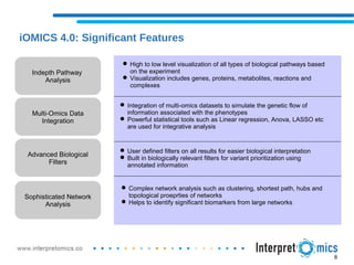iOMICS 4.0: Significant Features
Indepth Pathway
Analysis
Multi-Omics Data
Integration
Advanced Biological
Filters
Sophisticated Network
Analysis
 High to low level visualization of all types of biological pathways based
on the experiment
 Visualization includes genes, proteins, metabolites, reactions and
complexes
 Integration of multi-omics datasets to simulate the genetic flow of
information associated with the phenotypes
 Powerful statistical tools such as Linear regression, Anova, LASSO etc
are used for integrative analysis
 User defined filters on all results for easier biological interpretation
 Built in biologically relevant filters for variant prioritization using
annotated information
 Complex network analysis such as clustering, shortest path, hubs and
topological proeprties of networks
 Helps to identify significant biomarkers from large networks
8
 