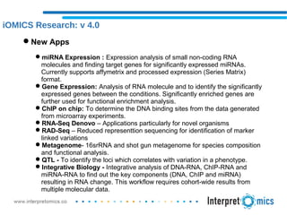 iOMICS Research: v 4.0
New Apps
miRNA Expression : Expression analysis of small non-coding RNA
molecules and finding target genes for significantly expressed miRNAs.
Currently supports affymetrix and processed expression (Series Matrix)
format.
Gene Expression: Analysis of RNA molecule and to identify the significantly
expressed genes between the conditions. Significantly enriched genes are
further used for functional enrichment analysis.
ChIP on chip: To determine the DNA binding sites from the data generated
from microarray experiments.
RNA-Seq Denovo – Applications particularly for novel organisms
RAD-Seq – Reduced representtion sequencing for identification of marker
linked variations
Metagenome- 16srRNA and shot gun metagenome for species composition
and functional analysis.
QTL - To identify the loci which correlates with variation in a phenotype.
Integrative Biology - Integrative analysis of DNA-RNA, ChIP-RNA and
miRNA-RNA to find out the key components (DNA, ChIP and miRNA)
resulting in RNA change. This workflow requires cohort-wide results from
multiple molecular data.
 