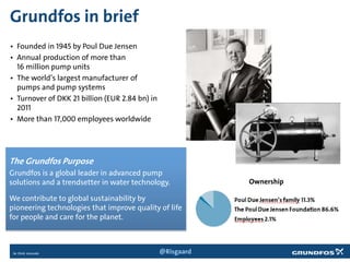 Grundfos in brief
• Founded in 1945 by Poul Due Jensen
• Annual production of more than
16 million pump units
• The world’s largest manufacturer of
pumps and pump systems
• Turnover of DKK 21 billion (EUR 2.84 bn) in
2011
• More than 17,000 employees worldwide
Ownership
The Grundfos Purpose
Grundfos is a global leader in advanced pump
solutions and a trendsetter in water technology.
We contribute to global sustainability by
pioneering technologies that improve quality of life
for people and care for the planet.
@Risgaard
 