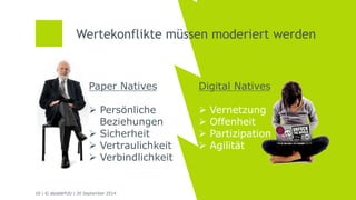 Wertekonflikte müssen moderiert werden 
Paper Natives 
Ø Persönliche 
Beziehungen 
Ø Sicherheit 
Ø Vertraulichkeit 
Ø Verbindlichkeit 
10 | © doubleYUU | 30 September 2014 
Digital Natives 
Ø Vernetzung 
Ø Offenheit 
Ø Partizipation 
Ø Agilität 
 