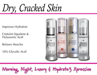 Dry, Cracked Skin
Improves Hydration

Contains Squalene &
Hylauronic Acid

Relaxes Muscles

10% Glycolic Acid




Morning, Night, Luxury & Hydrate3 Xpression
 