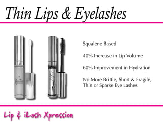Thin Lips & Eyelashes
                        Squalene Based

                        40% Increase in Lip Volume

                        60% Improvement in Hydration

                        No More Brittle, Short & Fragile,
                        Thin or Sparse Eye Lashes




Lip & iLash Xpression
 