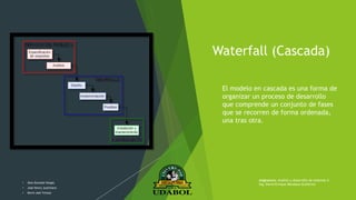 Waterfall (Cascada)
 El modelo en cascada es una forma de
organizar un proceso de desarrollo
que comprende un conjunto de fases
que se recorren de forma ordenada,
una tras otra.
• Alex Gonzalo Vargas
• José Henry Justiniano
• Kevin Joel Ychuta
Asignatura: Análisis y desarrollo de sistemas II
Ing. David Enrique Mendoza Gutiérrez
 