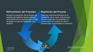 Refinamiento del Prototipo
Durante la evaluación del prototipo los
analistas de sistemas desean capturar
información de los usuarios sobre lo que
les gusta o lo que les desagrada a los
usuarios.
Repetición del Proceso
Todos los anteriores procesos se va
repitiendo varias veces, este proceso
termina hasta que los analistas y el
cliente estén de acuerdo en que el
sistema haya evolucionado lo suficiente.
• Alex Gonzalo Vargas
• José Henry Justiniano
• Kevin Joel Ychuta
Asignatura: Análisis y desarrollo de sistemas II
Ing. David Enrique Mendoza Gutiérrez
 