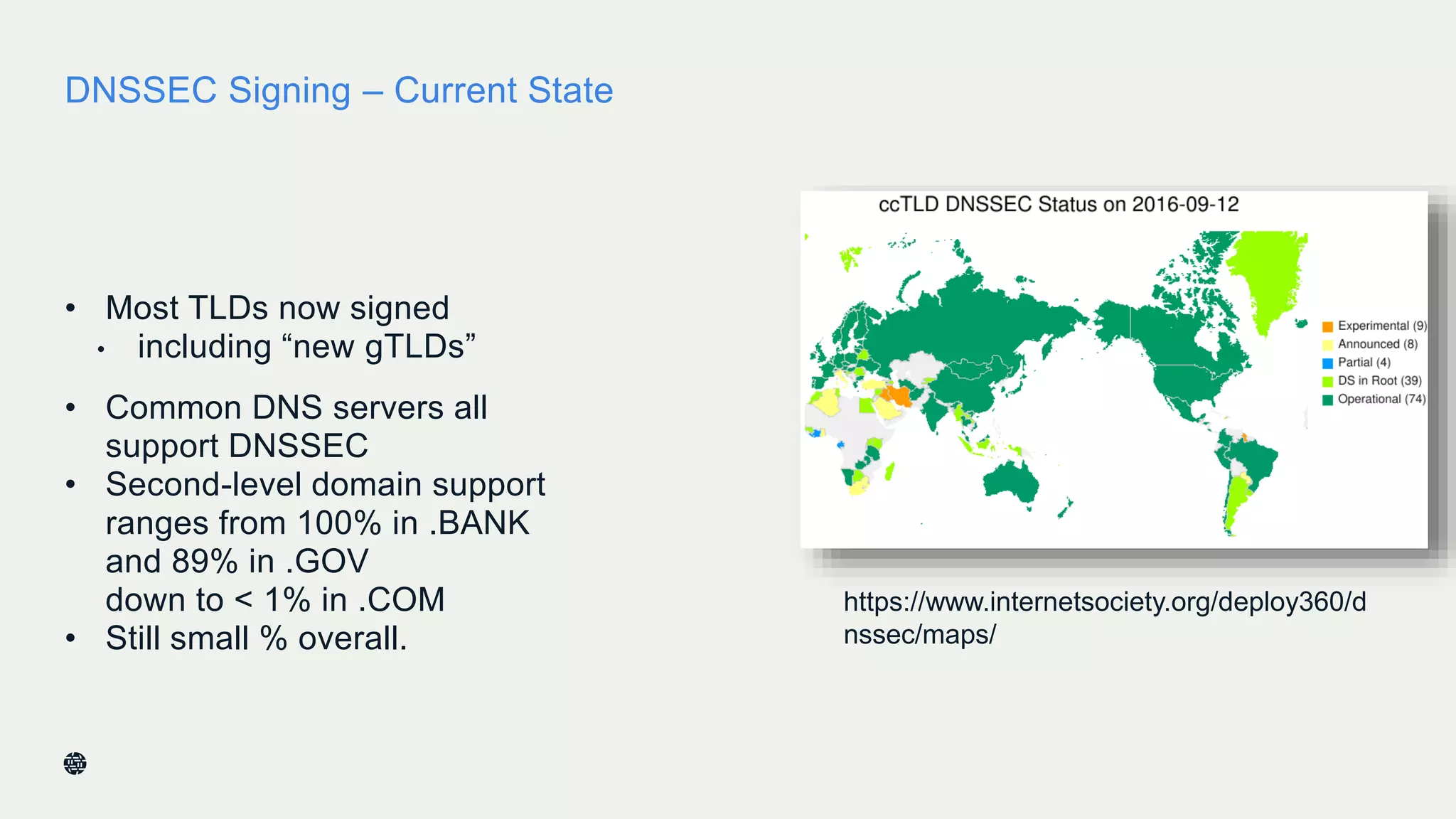DNSSEC Signing – Current State
• Most TLDs now signed
• including “new gTLDs”
• Common DNS servers all
support DNSSEC
• Second-level domain support
ranges from 100% in .BANK
and 89% in .GOV
down to < 1% in .COM
• Still small % overall.
25
https://www.internetsociety.org/deploy360/d
nssec/maps/
 