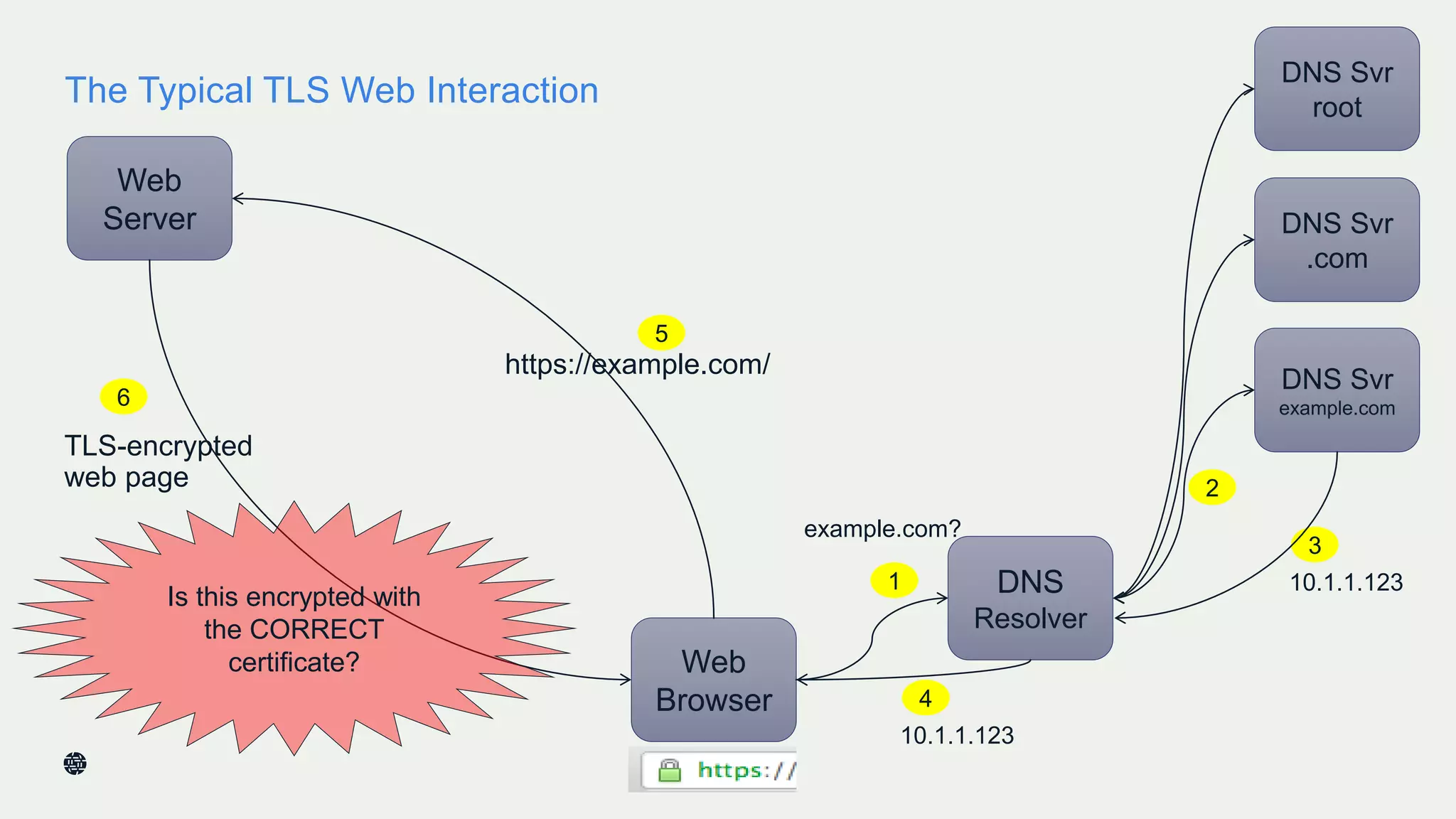 The Typical TLS Web Interaction
Web
Server
Web
Browser
https://example.com/
TLS-encrypted
web page
DNS
Resolver
10.1.1.1231
2
5
6
DNS Svr
example.com
DNS Svr
.com
DNS Svr
root
3
10.1.1.123
4
Is this encrypted with
the CORRECT
certificate?
example.com?
 