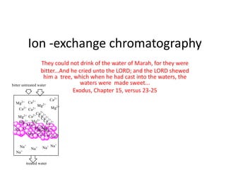 Ion -exchange chromatography
They could not drink of the water of Marah, for they were
bitter...And he cried unto the LORD; and the LORD shewed
him a tree, which when he had cast into the waters, the
waters were made sweet...
Exodus, Chapter 15, versus 23-25
 