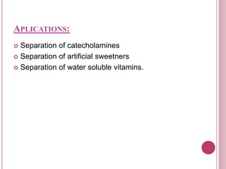 APLICATIONS:
 Separation of catecholamines
 Separation of artificial sweetners
 Separation of water soluble vitamins.
 