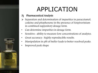 APPLICATION
3) Pharmaceutical Analysis
 Separation and determination of impurities in paracetamol,
codeine and pitophenone in the presence of fenpiverinium
in combined suppository dosage form.
• Can determine impurities in dosage form.
• Sensitive- ability to measure low concentrations of analytes.
• Great accuracy- highly reproducible results.
• Manipulation in pH of buffer leads to better resolved peaks.
• Improved peak shape
 