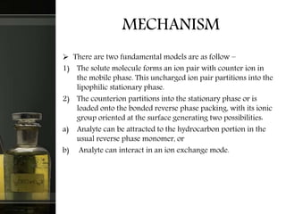 MECHANISM
 There are two fundamental models are as follow –
1) The solute molecule forms an ion pair with counter ion in
the mobile phase. This uncharged ion pair partitions into the
lipophilic stationary phase.
2) The counterion partitions into the stationary phase or is
loaded onto the bonded reverse phase packing, with its ionic
group oriented at the surface generating two possibilities:
a) Analyte can be attracted to the hydrocarbon portion in the
usual reverse phase monomer, or
b) Analyte can interact in an ion exchange mode.
 