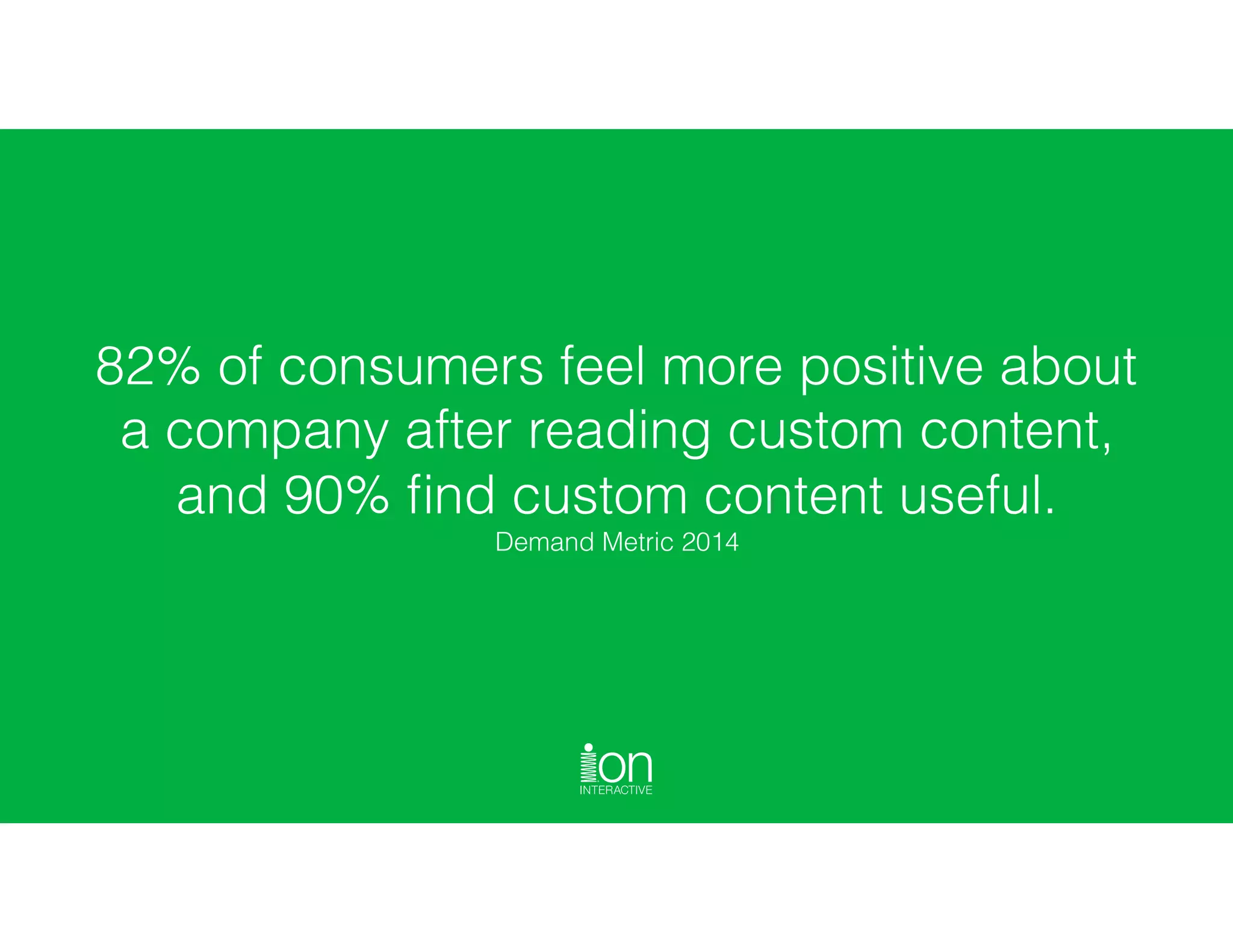 82% of consumers feel more positive about
a company after reading custom content,
and 90% ﬁnd custom content useful.  
Demand Metric 2014
 