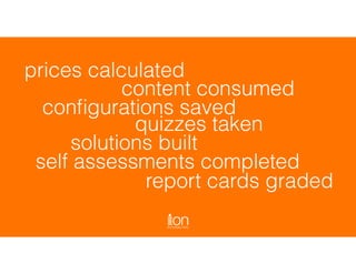 prices calculated
conﬁgurations saved
self assessments completed
report cards graded
quizzes taken
content consumed
solutions built
 