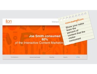 consumption
Show your sales
team the
percent of
content that the
visitor
consumed
Joe Smith consumed
80%
of the Interactive Content Marketing Toolkit
 