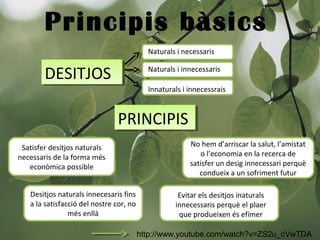 Principis bàsics
Naturals i necessaris
Naturals i innecessaris
Innaturals i innecessrais
.
.
.
DESITJOSDESITJOS
PRINCIPISPRINCIPIS
Satisfer desitjos naturals
necessaris de la forma més
econòmica possible
Desitjos naturals innecesaris fins
a la satisfacció del nostre cor, no
més enllà
No hem d’arriscar la salut, l’amistat
o l’economia en la recerca de
satisfer un desig innecessari perquè
condueix a un sofriment futur
Evitar els desitjos inaturals
innecessaris perquè el plaer
que produeixen és efímer
http://www.youtube.com/watch?v=ZS2u_cVwTDA
 