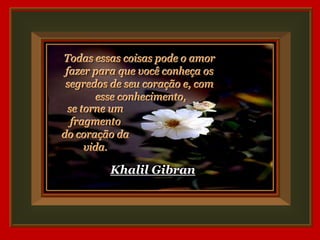 Todas essas coisas pode o amor
 fazer para que você conheça os
 segredos de seu coração e, com
         esse conhecimento,
  se torne um
   fragmento
do coração da
      vida.

         Khalil Gibran
 