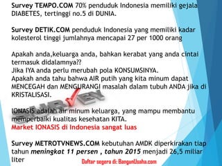 Survey TEMPO.COM 70% penduduk Indonesia memiliki gejala
DIABETES, tertinggi no.5 di DUNIA.
Survey DETIK.COM penduduk Indonesia yang memiliki kadar
kolesterol tinggi jumlahnya mencapai 27 per 1000 orang
Apakah anda,keluarga anda, bahkan kerabat yang anda cintai
termasuk didalamnya??
Jika IYA anda perlu merubah pola KONSUMSINYA.
Apakah anda tahu bahwa AIR putih yang kita minum dapat
MENCEGAH dan MENGURANGI masalah dalam tubuh ANDA jika di
KRISTALISASI.
IONASIS adalah air minum keluarga, yang mampu membantu
memperbaiki kualitas kesehatan KITA.
Market IONASIS di Indonesia sangat luas
Survey METROTVNEWS.COM kebutuhan AMDK diperkirakan tiap
tahun meningkat 11 persen , tahun 2015 menjadi 26,5 miliar
liter Daftar segera di: BangunUsaha.com
 