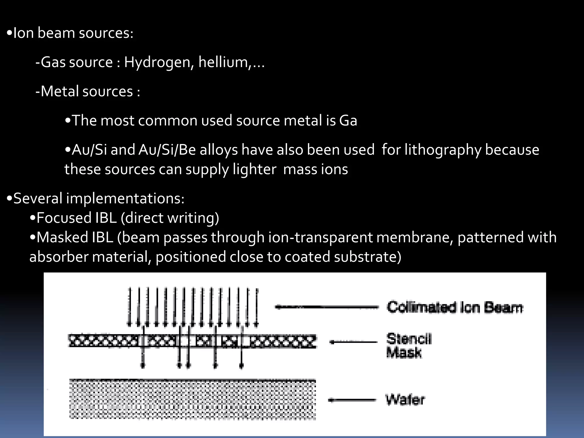 •Ion beam sources:
    -Gas source : Hydrogen, hellium,…
    -Metal sources :
        •The most common used source metal is Ga
        •Au/Si and Au/Si/Be alloys have also been used for lithography because
        these sources can supply lighter mass ions
•Several implementations:
   •Focused IBL (direct writing)
   •Masked IBL (beam passes through ion-transparent membrane, patterned with
   absorber material, positioned close to coated substrate)
 