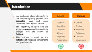 ▪ Ion exchange chromatography is
the chromatography process that
separates ions and polar
molecules from a given sample.
▪ The negatively charged ions are
known as Anions and the positively
charged ions are known as
Cations.
▪ This process is used for the
detection of inorganic components
in a given sample.
Introduction
• Lithium
• Sodium
• Ammonia
• Potassium
• Calcium
• Magnesium
• Fluorides
• Bromides
• Chlorides
• Nitrates
• Sulphates
• Phosphates
Anions Cations
4
+
-
 