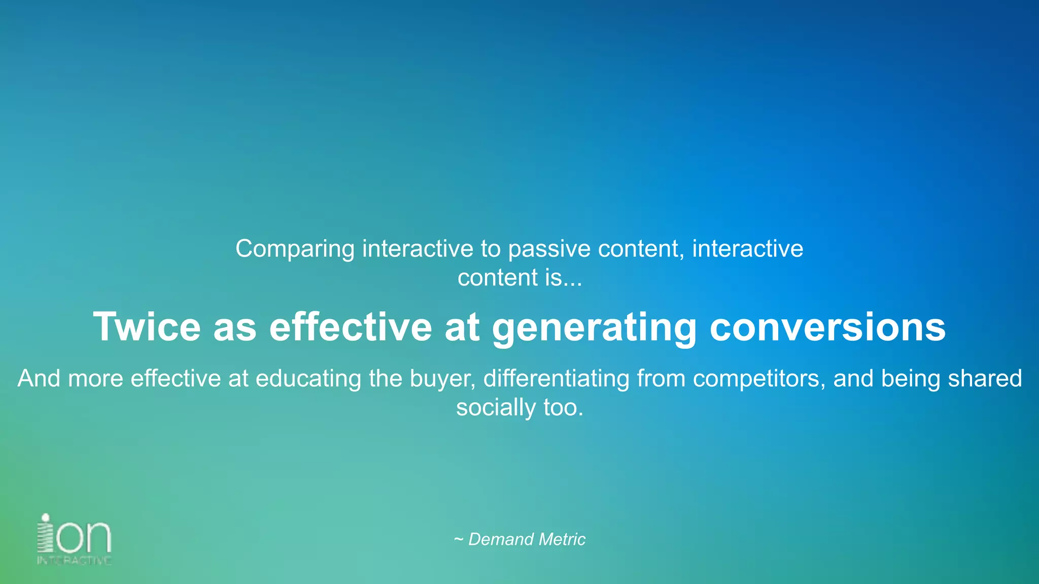 Comparing interactive to passive content, interactive  
content is...
Twice as effective at generating conversions
And more effective at educating the buyer, differentiating from competitors, and being shared
socially too.
~ Demand Metric
 