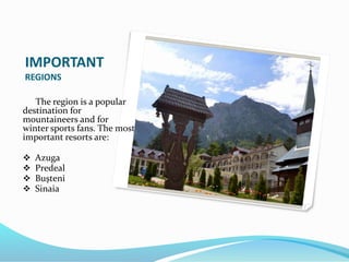 IMPORTANT
REGIONS
The region is a popular
destination for
mountaineers and for
winter sports fans. The most
important resorts are:
 Azuga
 Predeal
 Buşteni
 Sinaia
 