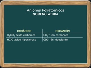 Aniones Poliatómicos
NOMENCLATURA
H2CO3 ácido carbónico CO3
2- ión carbonato
HClO ácido hipocloroso CIO- ión hipoclorito
 