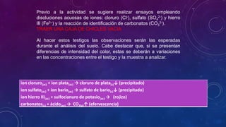 ion cloruro(ac) + ion plata(ac) → cloruro de plata(s)↓ (precipitado)
ion sulfato(ac) + ion bario(ac) → sulfato de bario(s)↓ (precipitado)
ion hierro III(ac) + sulfocianuro de potasio(ac) → (rojizo)
carbonatos(s) + ácido(ac) → CO2(g)↑ (efervescencia)
Previo a la actividad se sugiere realizar ensayos empleando
disoluciones acuosas de iones: cloruro (Cl-), sulfato (SO4
2-) y hierro
III (Fe3) y la reacción de identificación de carbonatos (CO3
2-).
TRAER UNA CAJA DE CHICLES VACIA
Al hacer estos testigos las observaciones serán las esperadas
durante el análisis del suelo. Cabe destacar que, si se presentan
diferencias de intensidad del color, estas se deberán a variaciones
en las concentraciones entre el testigo y la muestra a analizar.
 