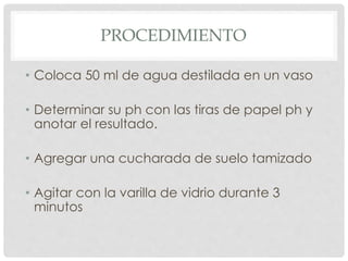 PROCEDIMIENTO
• Coloca 50 ml de agua destilada en un vaso
• Determinar su ph con las tiras de papel ph y
anotar el resultado.
• Agregar una cucharada de suelo tamizado
• Agitar con la varilla de vidrio durante 3
minutos
 