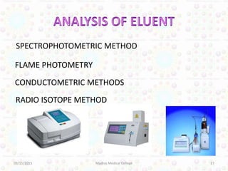 SPECTROPHOTOMETRIC METHOD
09/15/2015 Madras Medical College 27
FLAME PHOTOMETRY
CONDUCTOMETRIC METHODS
RADIO ISOTOPE METHOD
 
