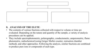 There are two elution techniques
ISOCRACTIC ELUTION TECHNIQUE
•Same solvent composition is used i.e. same
strength of acid or alkali or buffer.
GRADIENT ELUTION TECHNIQUE
Initially less acidic or basic character is used
followed by increasing the acidity of the
mobile phase and is usually used for complex
mixtures.
8. ANALYSIS OF THE ELUTE:
• The contents of various fractions collected with respect to volume or time are
evaluated. Depending on the nature and quantity of the sample, a variety of analysis
procedures can be applied.
• They include spectrophotometric, polarographic, conductometic, amperometric, flame
photometric, radiochemical (using Geiger Muller counter, ionisation chamber
method), and other approaches. Following the analysis, similar fractions are combined
to produce pure ions or compounds of each type.
 