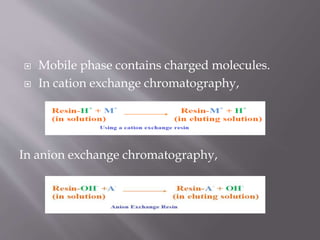  Mobile phase contains charged molecules.
 In cation exchange chromatography,
In anion exchange chromatography,
 