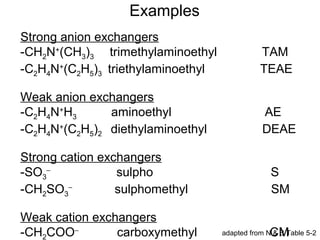 Examples 
Strong anion exchangers 
-CHN+(CH)trimethylaminoethyl TAM 
233 -CHN+(CH)triethylaminoethyl TEAE 
24253 Weak anion exchangers 
-CHN+Haminoethyl AE 
243 -CHN+(CH)diethylaminoethyl DEAE 
24252 Strong cation exchangers 
-SO- sulpho S 
3 
-CH2SO3 
-              sulphomethyl SM 
Weak cation exchangers 
-CH2COO- carboxymethyl Cadapted from N & MB Table 5-2 
 