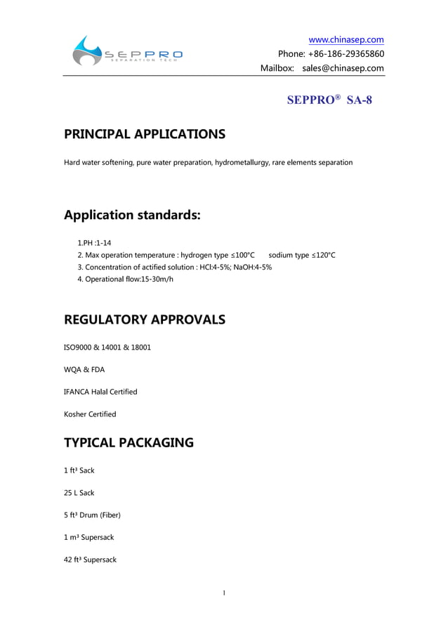 Ion exchange resin for hard water softening, pure water preparation