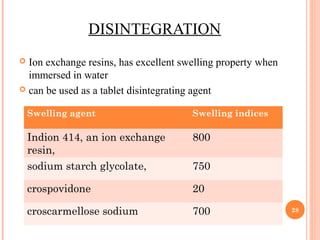 DISINTEGRATION
 Ion exchange resins, has excellent swelling property when
immersed in water
 can be used as a tablet disintegrating agent
28
Swelling agent Swelling indices
Indion 414, an ion exchange
resin,
800
sodium starch glycolate, 750
crospovidone 20
croscarmellose sodium 700
 