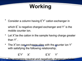 Working
• Consider a column having E
-
Y+
cation exchanger in
which E
-
is negative charged exchanger and Y+
is the
mobile counter ion.
• Let X+
be the cation in the sample having charge greater
than Y+
.
• The X+
ion can exchange sites with the counter ion Y+
with satisfying the following relationship;
E
-
Y+
X+
E
-
X+
Y+
• The remaining neutral and negatively charged particles
 