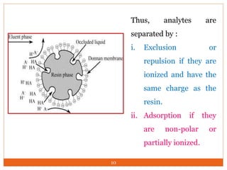 Thus, analytes are
separated by :
i. Exclusion or
repulsion if they are
ionized and have the
same charge as the
resin.
ii. Adsorption if they
are non-polar or
partially ionized.
10
 