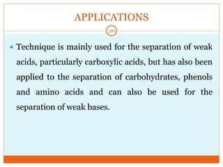 APPLICATIONS
 Technique is mainly used for the separation of weak
acids, particularly carboxylic acids, but has also been
applied to the separation of carbohydrates, phenols
and amino acids and can also be used for the
separation of weak bases.
20
 