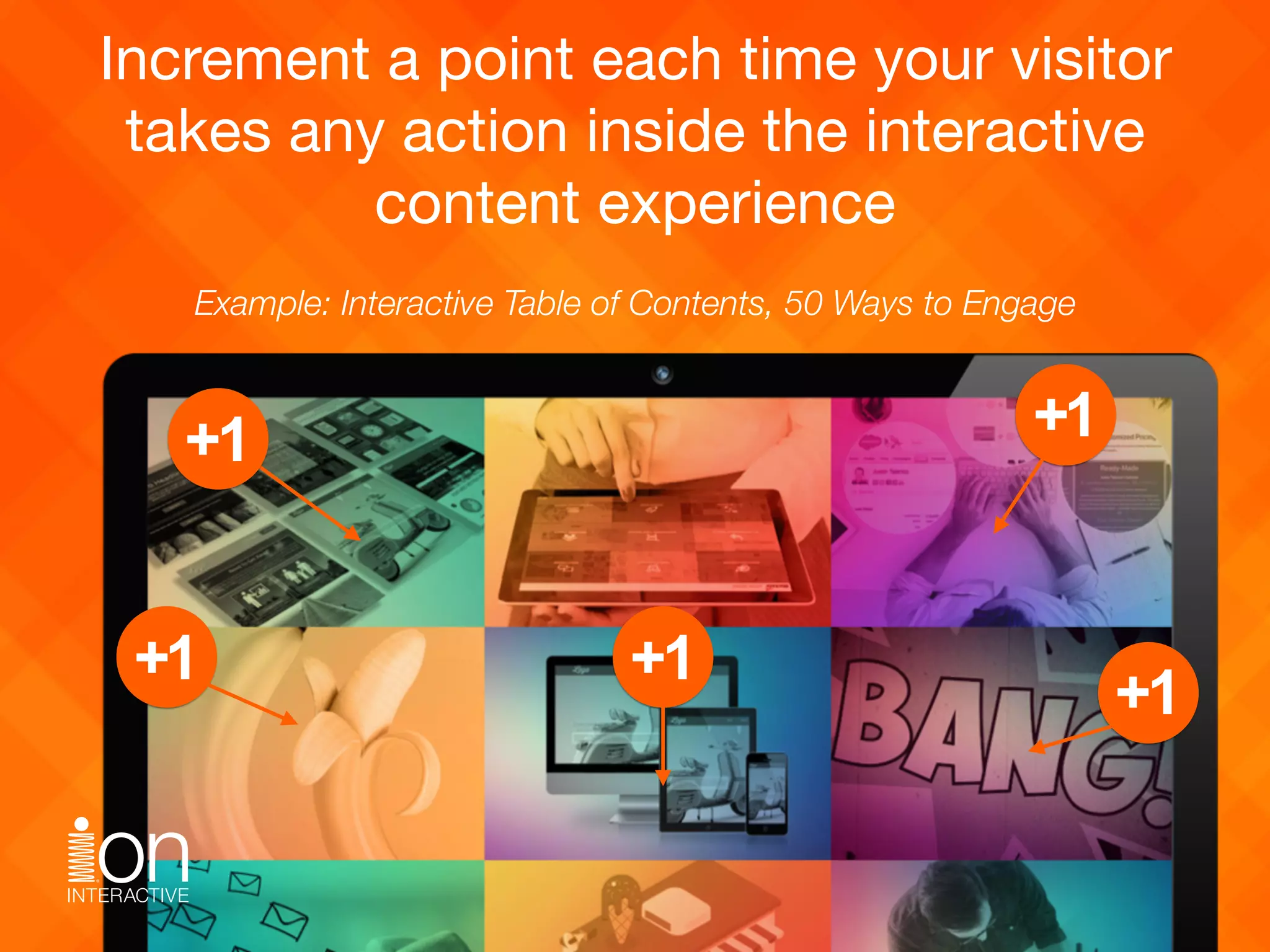 Increment a point each time your visitor 
takes any action inside the interactive 
content experience
1+
1+ 1+
1+
1+
Example: Interactive Table of Contents, 50 Ways to Engage
 