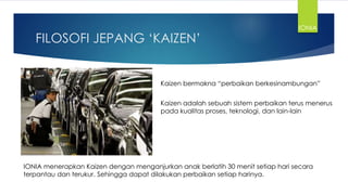 FILOSOFI JEPANG ‘KAIZEN’
Kaizen bermakna “perbaikan berkesinambungan”
Kaizen adalah sebuah sistem perbaikan terus menerus
pada kualitas proses, teknologi, dan lain-lain
IONIA menerapkan Kaizen dengan menganjurkan anak berlatih 30 menit setiap hari secara
terpantau dan terukur. Sehingga dapat dilakukan perbaikan setiap harinya.
IONIA
 