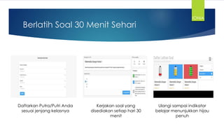 Berlatih Soal 30 Menit Sehari
Kerjakan soal yang
disediakan setiap hari 30
menit
Daftarkan Putra/Putri Anda
sesuai jenjang kelasnya
Ulangi sampai indikator
belajar menunjukkan hijau
penuh
IONIA
 