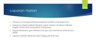 Laporan Harian
 Orang tua mendapat laporan kegiatan berlatih anak setiap hari
 Orang tua dapat melihat dengan cepat, melalui visualisasi indikator,
bagian mana anak yang belum menguasai
 Dapat membantu guru sekolah atau guru les memantau anak secara
detail
 Laporan berlatih detail per bab hingga per butir soal
IONIA
 