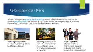 Kelanggengan Bisnis
Sebuah bisnis yang nyaman dan langgeng adalah bila bisnis Anda berada dalam
sebuah gerbong bisnis. Bukan bisnis yang berdiri sendiri. Semua gerbong akan saling
mendorong dan menarik untuk sebuah kesuksesan bersama.
Gerbong Pemerintah:
akan selalu meningkatkan
kualitas pendidikan
Gerbong Swasta: akan
berusaha menjual dan
menciptakan pasar
smartphone sebanyak-
banyaknya
Gerbong IONIA:
Memanfaatkan
momentum menjadi
sebuah bisnis digital
pendidikan yang dahsyat
IONIA
 